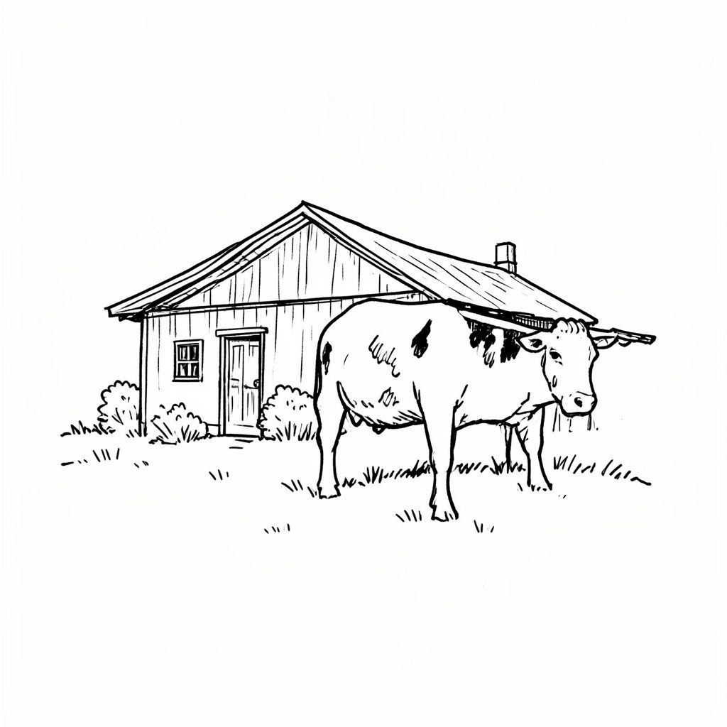 Hand-drawn ink illustration of a barn and crop rows under a cloudy sky, drawn in earthy greens and browns, with a quiet rural mood