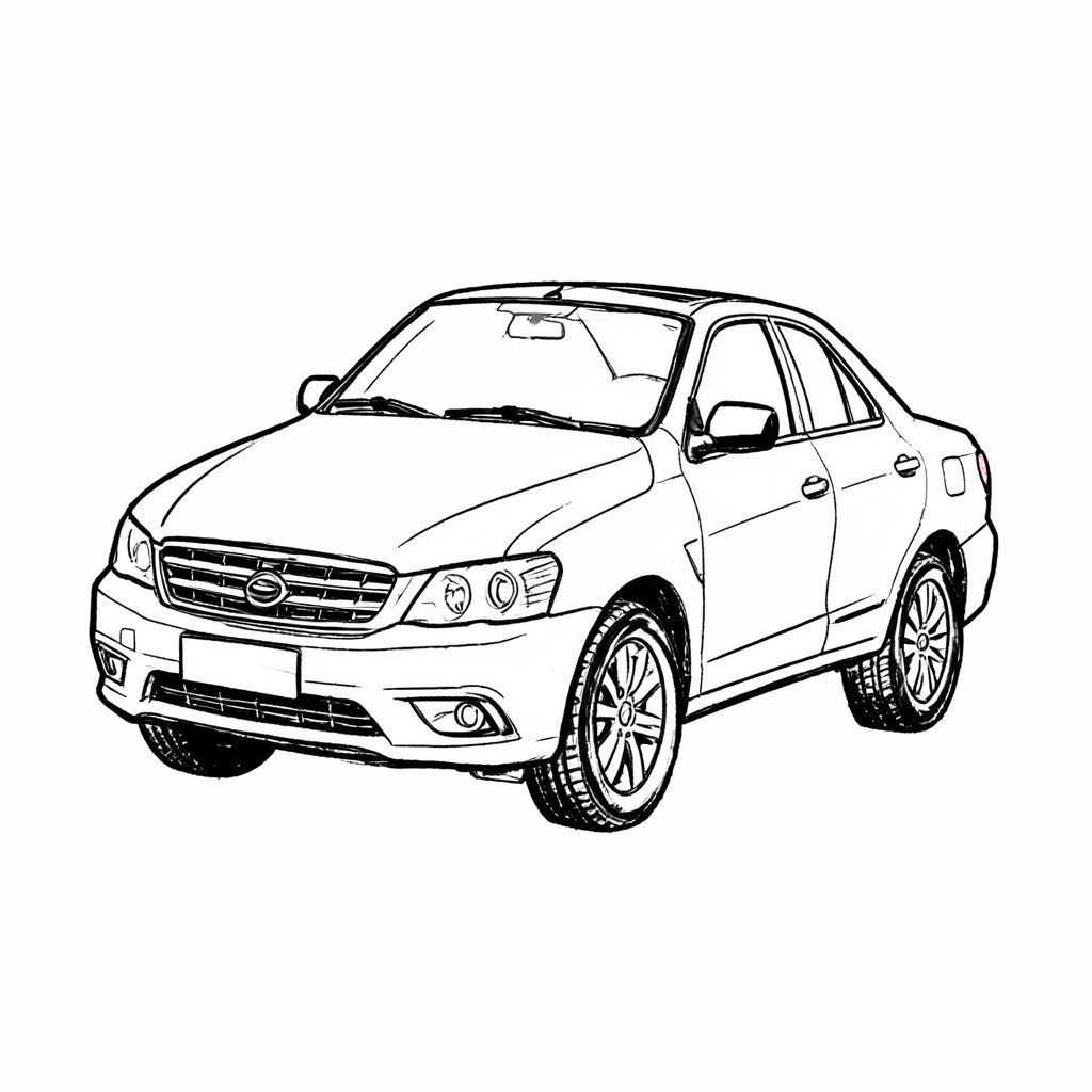 A hand-drawn ink illustration of a car silhouette with a shield emblem, in deep blue and warm ochre on cream paper