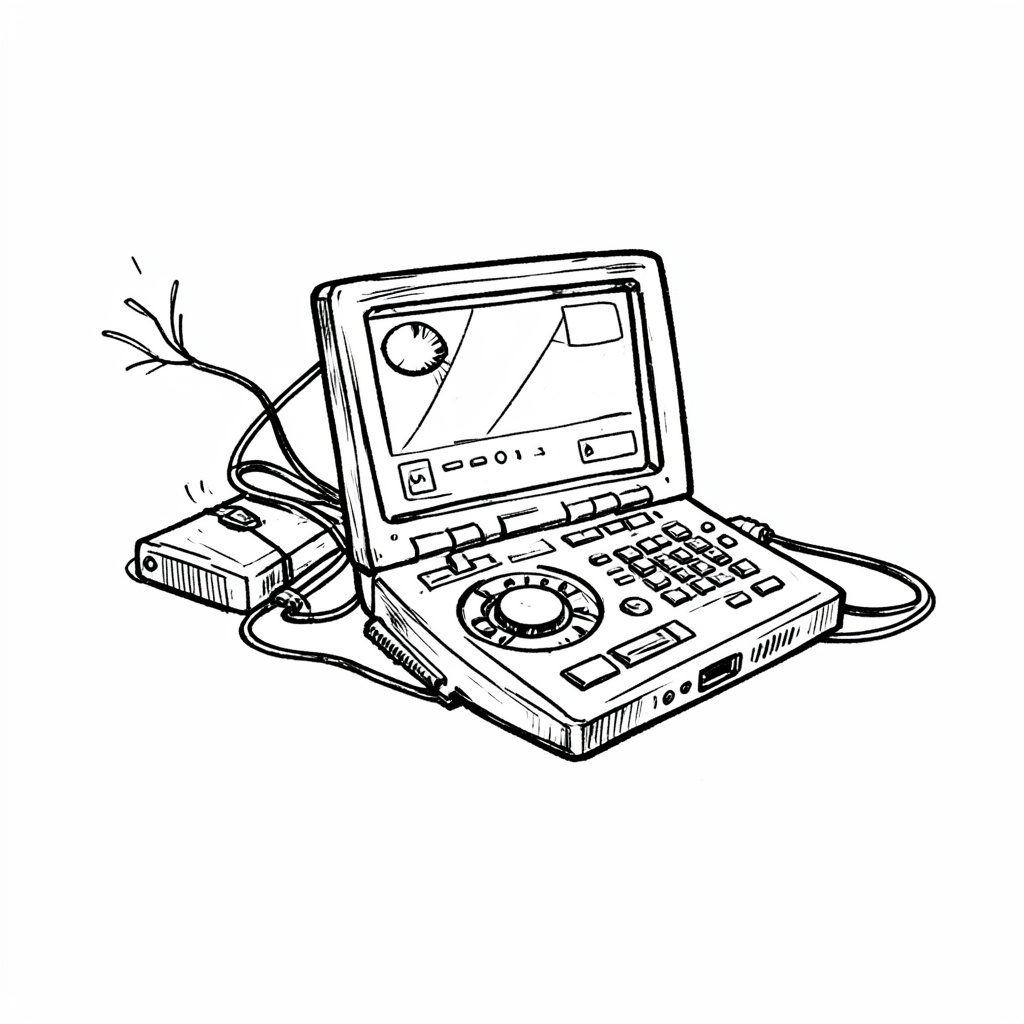 Hand-drawn ink illustration of a smartphone and headphones arranged on a flat surface, in soft teal and gray tones, tidy mood
