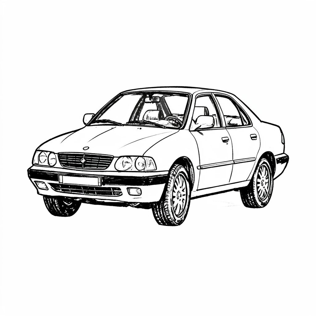 Hand-drawn ink illustration of a small car parked beside a shield outline, sketched in soft blues and greys, suggesting steady protection