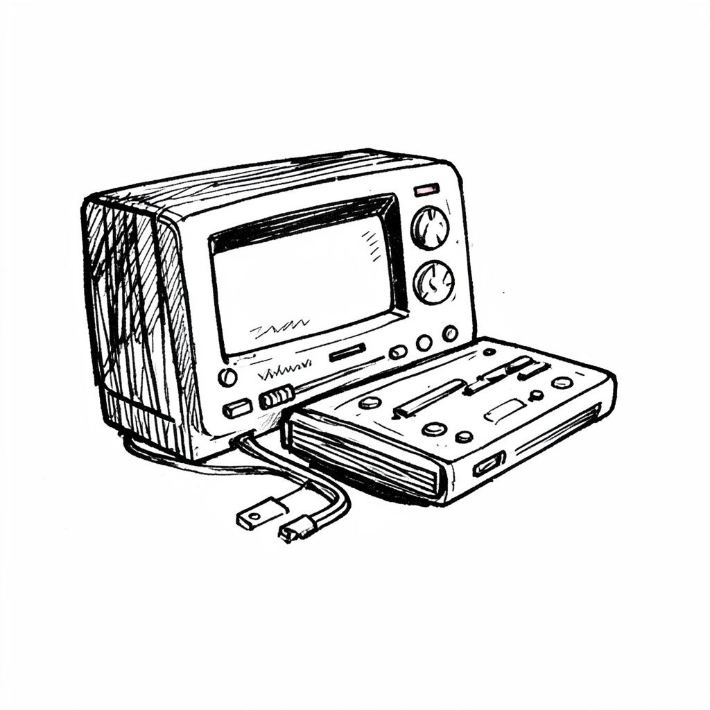 Flat illustration style graphic with simple shapes representing electronics and online selling, muted orange and cream tones, calm mood